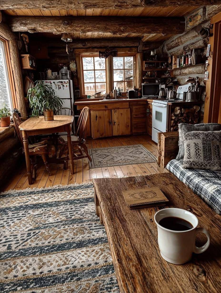 Rustic log cabin interior with wooden furniture, log walls, and a coffee mug on a table.