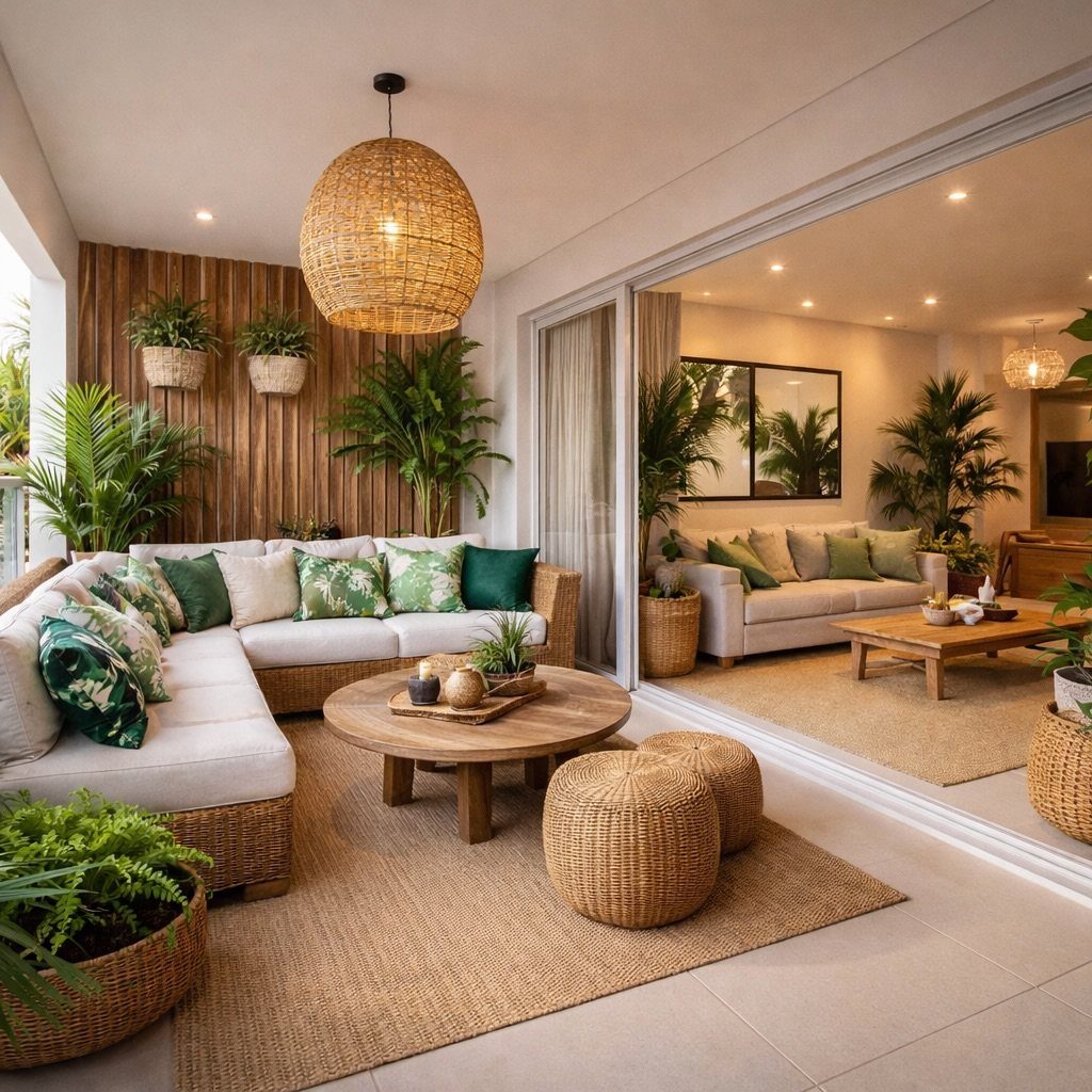 Modern living room with tropical print cushions, wicker furniture, and lush green indoor plants.