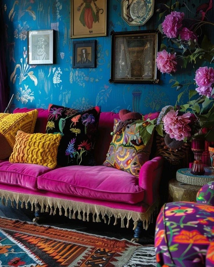 Pink velvet sofa with colorful floral pillows against deep teal patterned wallpaper.