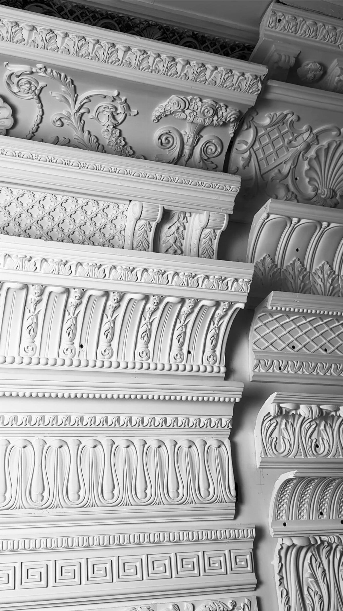Various white ornate crown molding profiles with different classical decorative patterns.