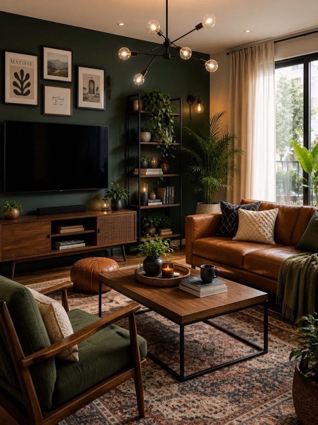 A dark green living room with leather seating, wooden furniture, and modern lighting fixtures.