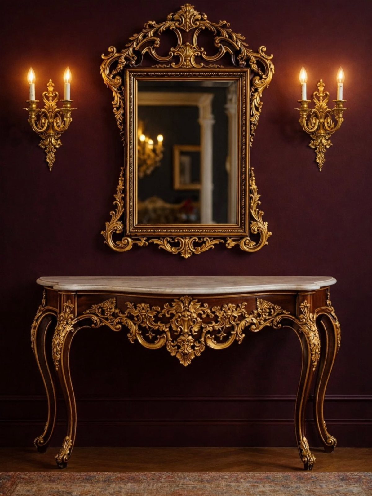 Ornate gold mirror and marble console table against a deep burgundy wall with candle sconces.