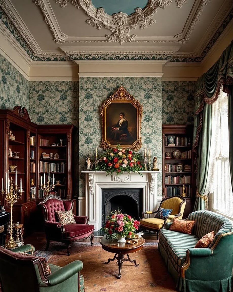 Ornate Victorian living room with blue patterned wallpaper, marble fireplace, and velvet seating.