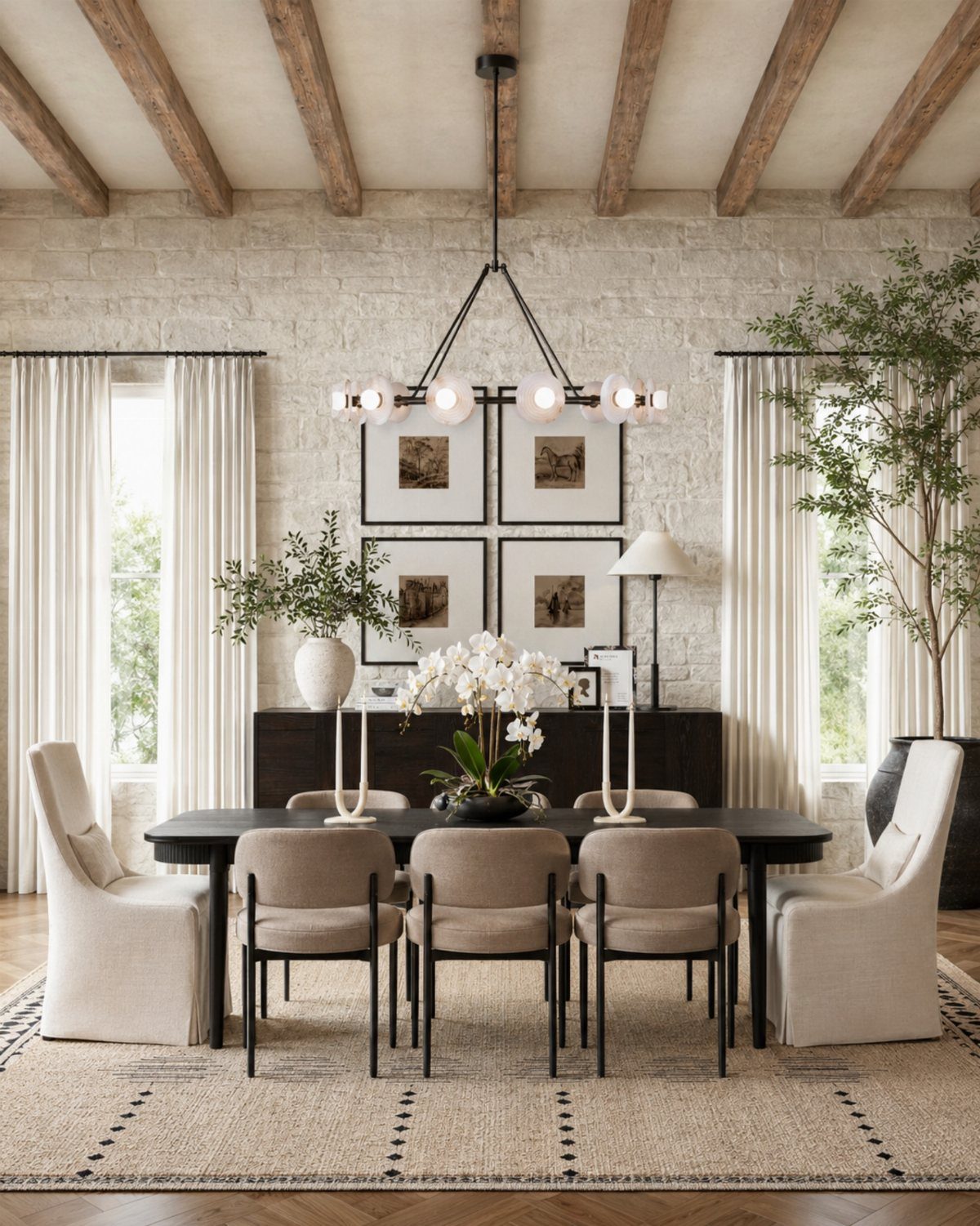 Black dining table and beige chairs set in a bright room with brick walls.