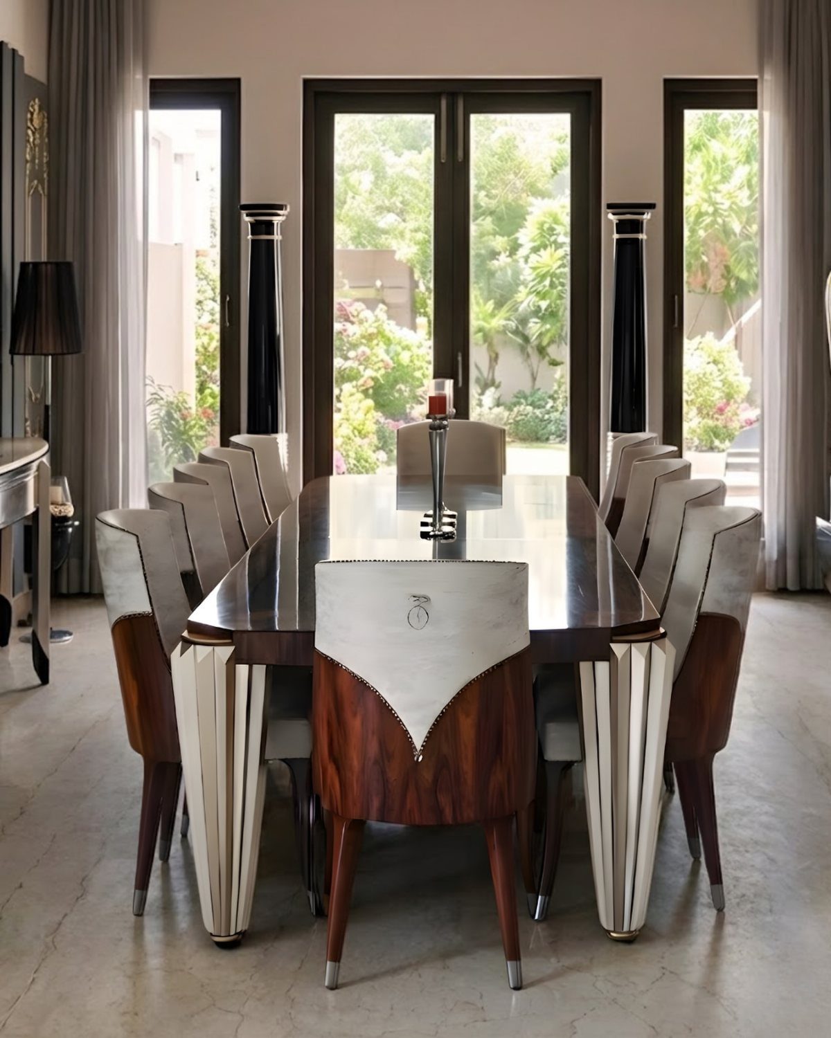 A large polished dark wood dining table with sculptural white and wood chairs in a bright room.