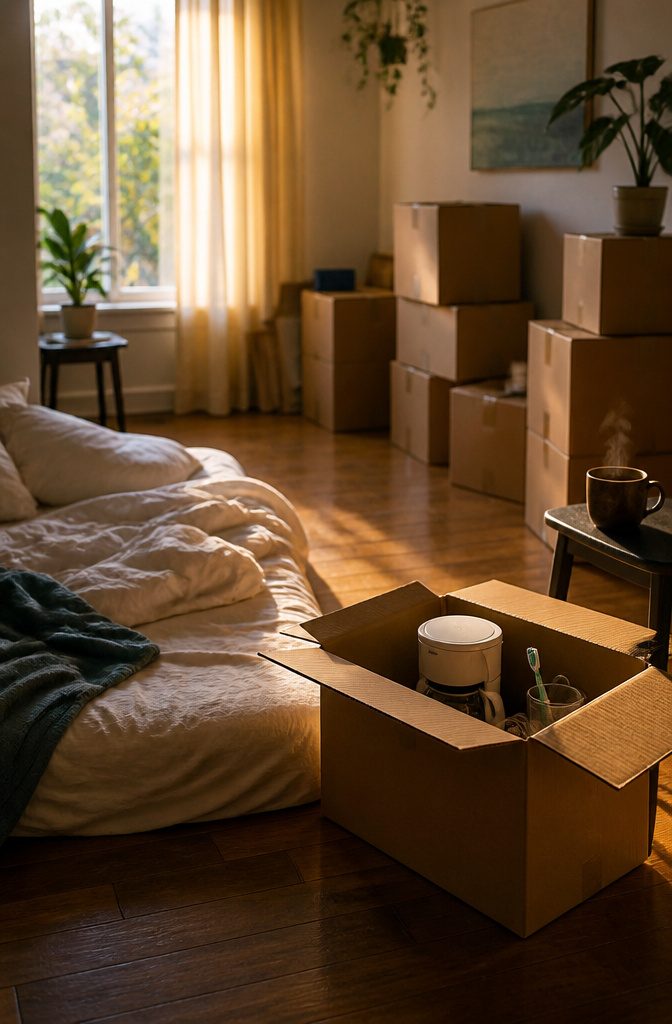 A cozy living room with unpacked boxes and an 'open first' box visible.