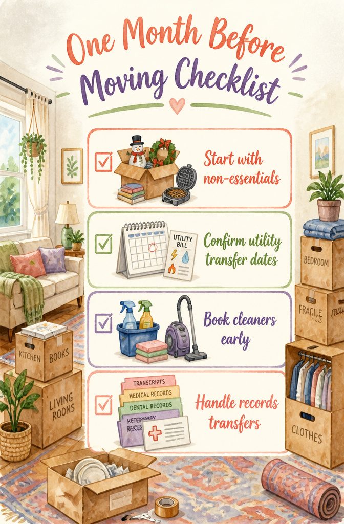 An image titled 'One Month Before Moving Checklist' featuring home interior elements.