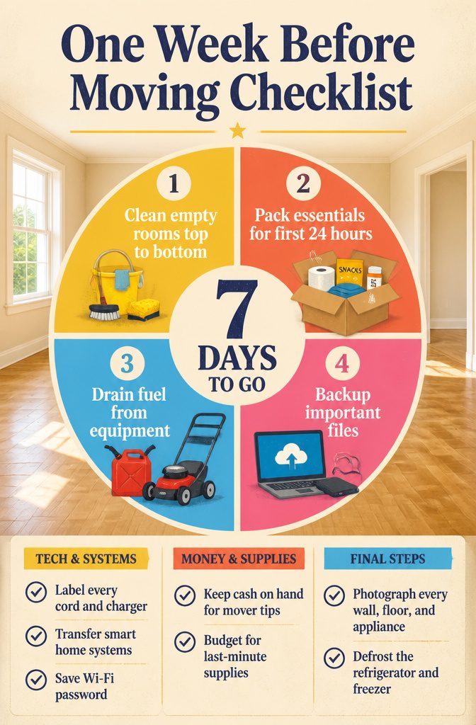 An image titled 'One Week Before Moving Checklist' showcasing home interior.