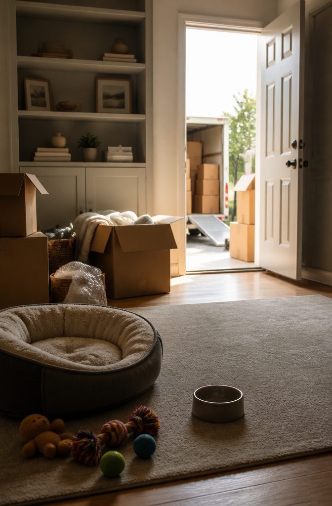 A living room corner with pet toys and an empty dog bed on moving day.