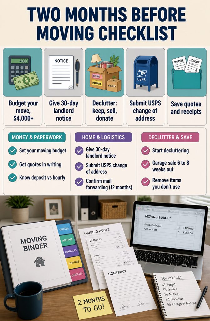 An image titled 'Two Months Before Moving Checklist' with a home interior theme.