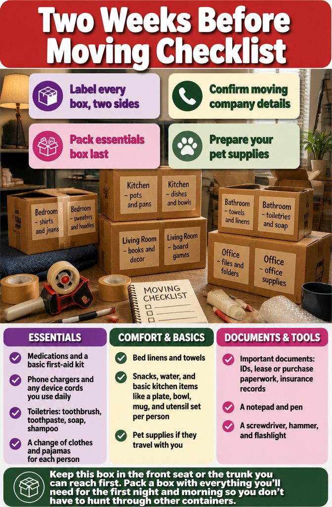 An image titled 'Two Weeks Before Moving Checklist' with a home interior design.
