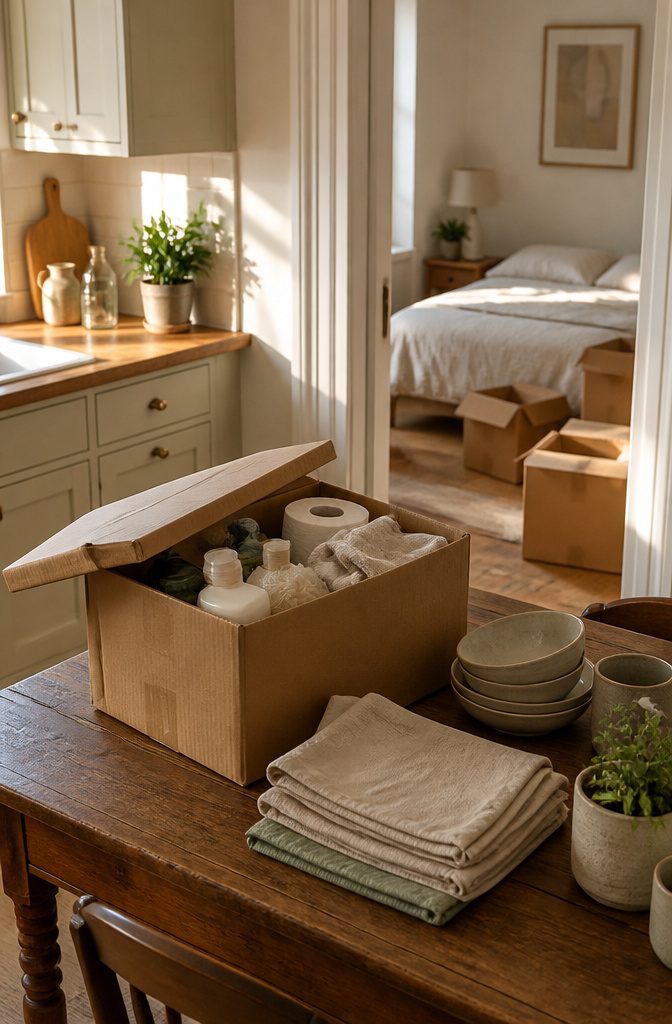 A packed essentials box on a kitchen counter with various items inside.