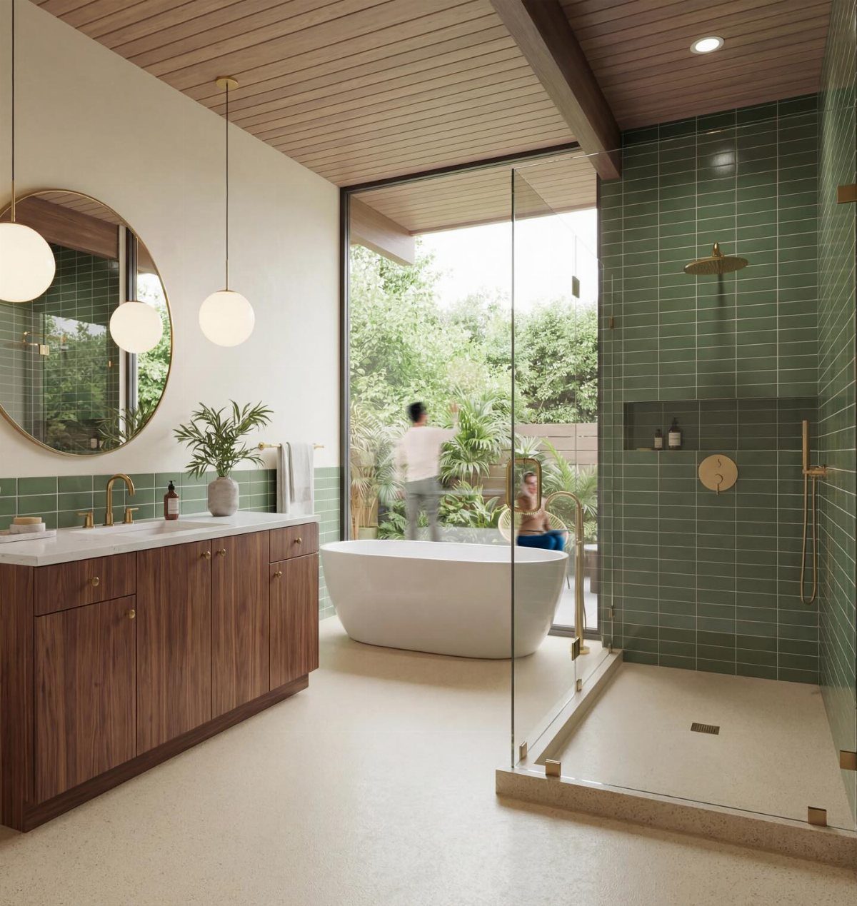 Modern bathroom with green tiled shower, wooden vanity, white bathtub, and garden view.