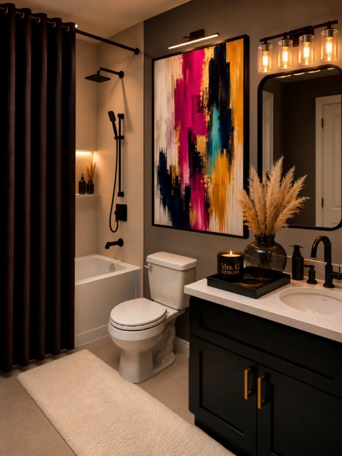 Colorful abstract artwork hanging on a dark wall in a modern bathroom setting.