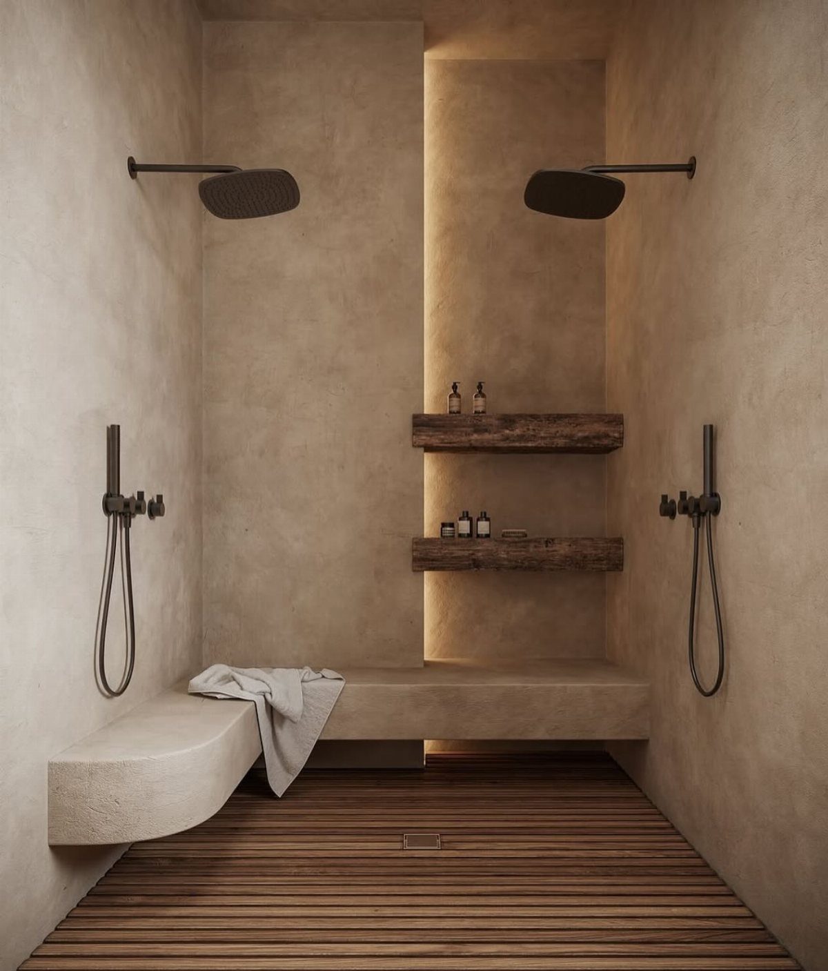 Modern walk-in shower with beige plaster walls, wooden shelves, and slatted wood flooring.