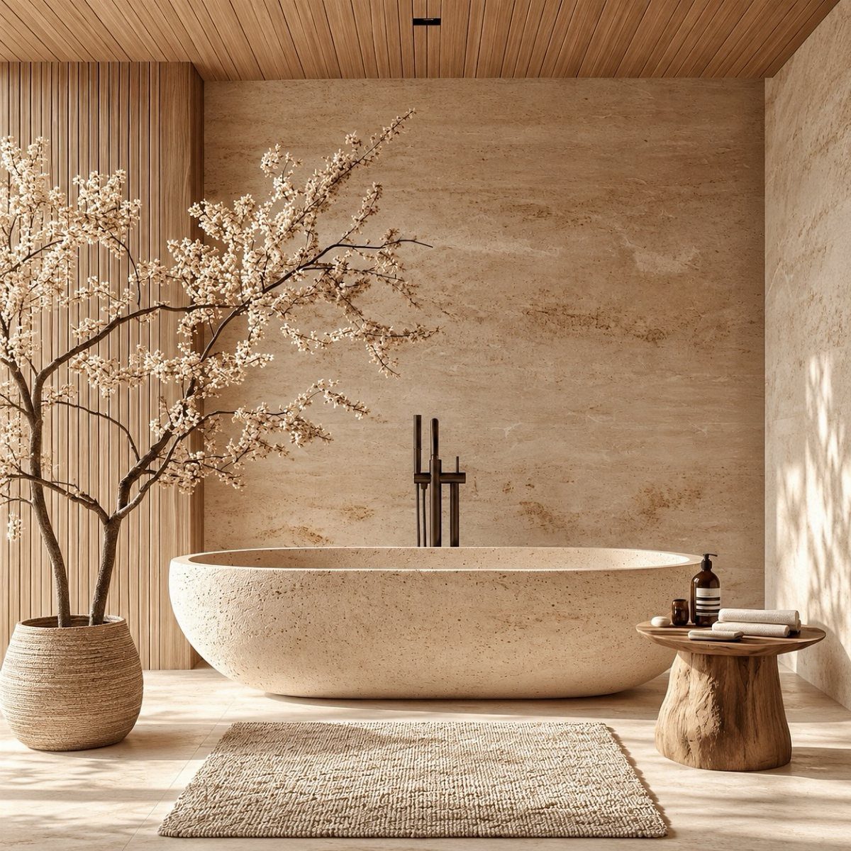 Stone bathtub in a minimalist bathroom with wooden accents and a flowering branch.