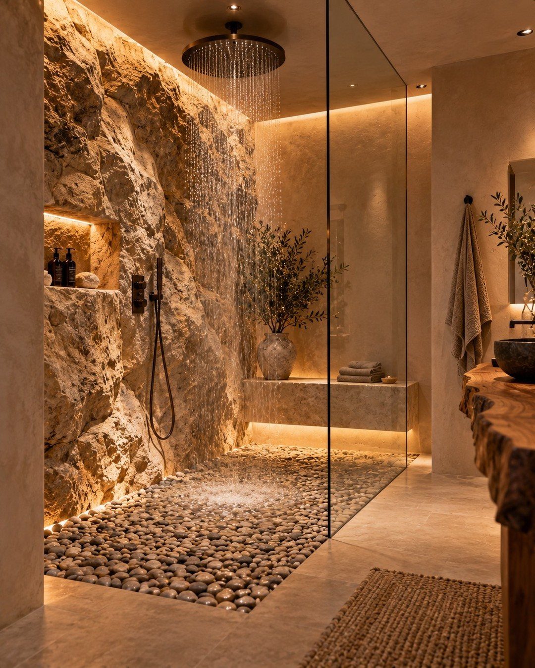 A luxury stone shower with pebble flooring and warm integrated lighting illuminating the textured walls.