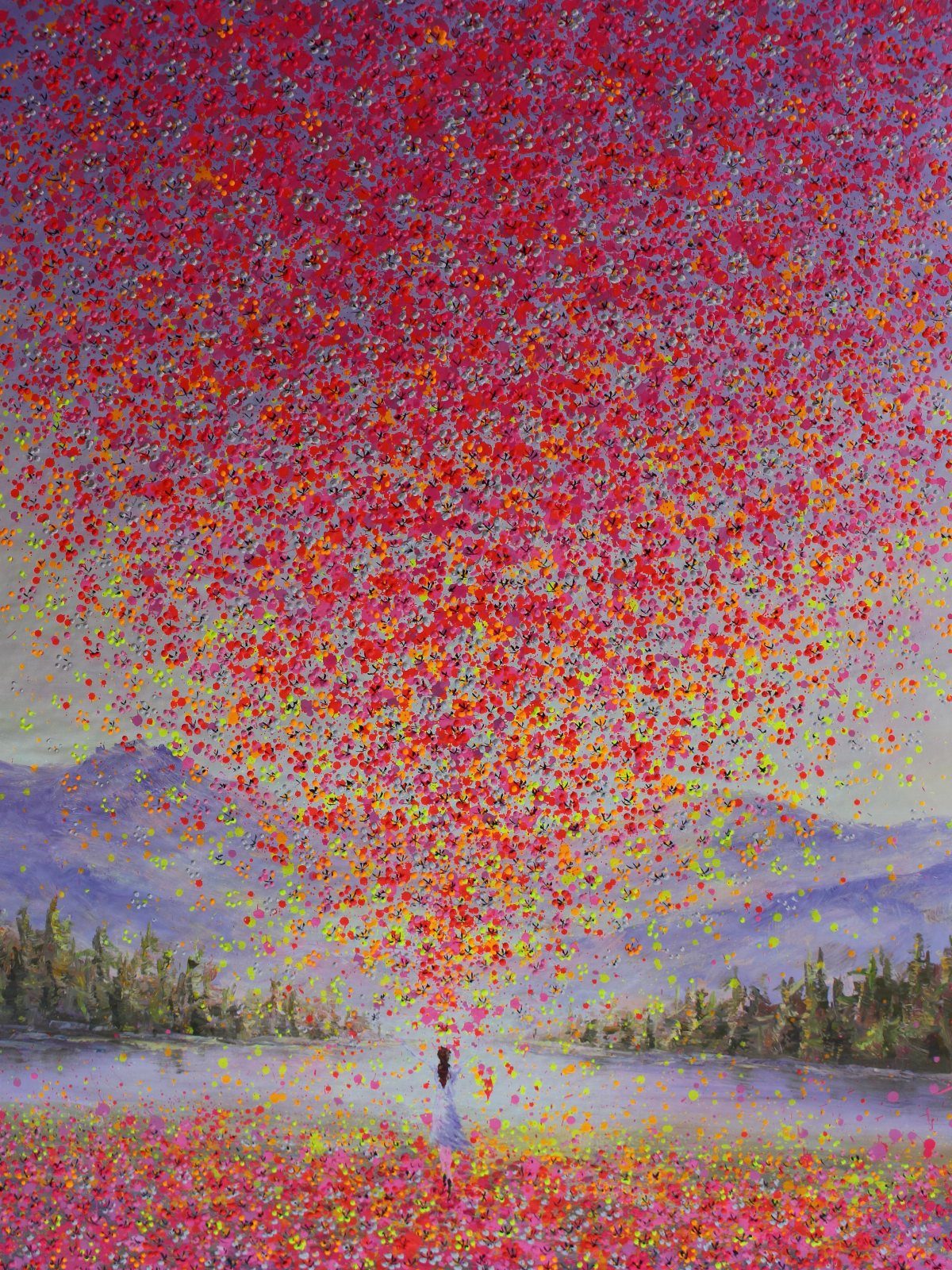 Impressionistic painting of a person standing in a vibrant field of red flowers near a lake.