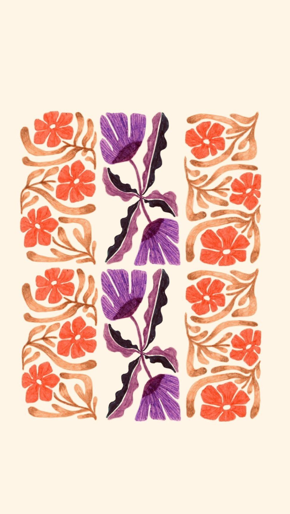 Stylized floral pattern with orange and purple flowers and brown vine motifs on cream.
