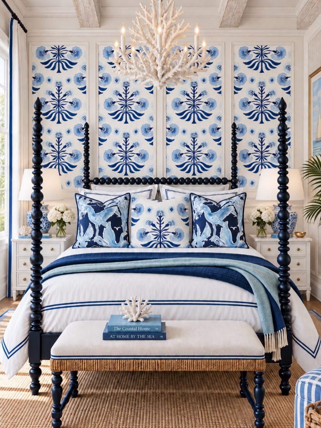 Navy blue spindle bed with coastal patterned bedding and white coral chandelier in a bright room.