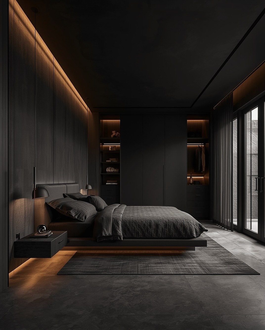 Dark modern bedroom with black paneled walls, black furniture, and warm ambient lighting.
