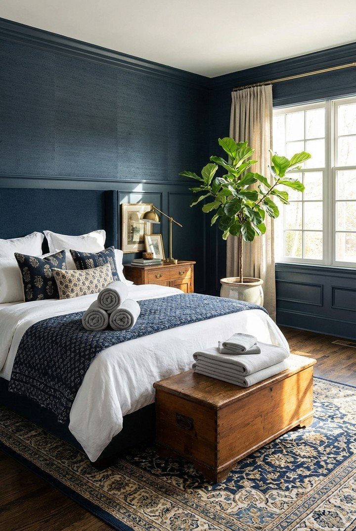 Navy blue paneled bedroom with a white bed, wooden chest, and a large green plant by the window.
