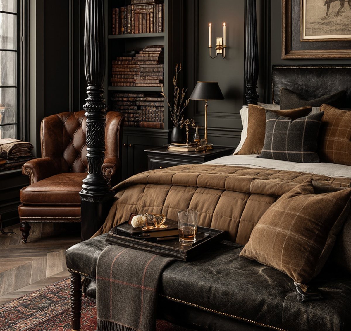 A dark bedroom with brown quilted bedding, a leather armchair, and a black bookshelf.