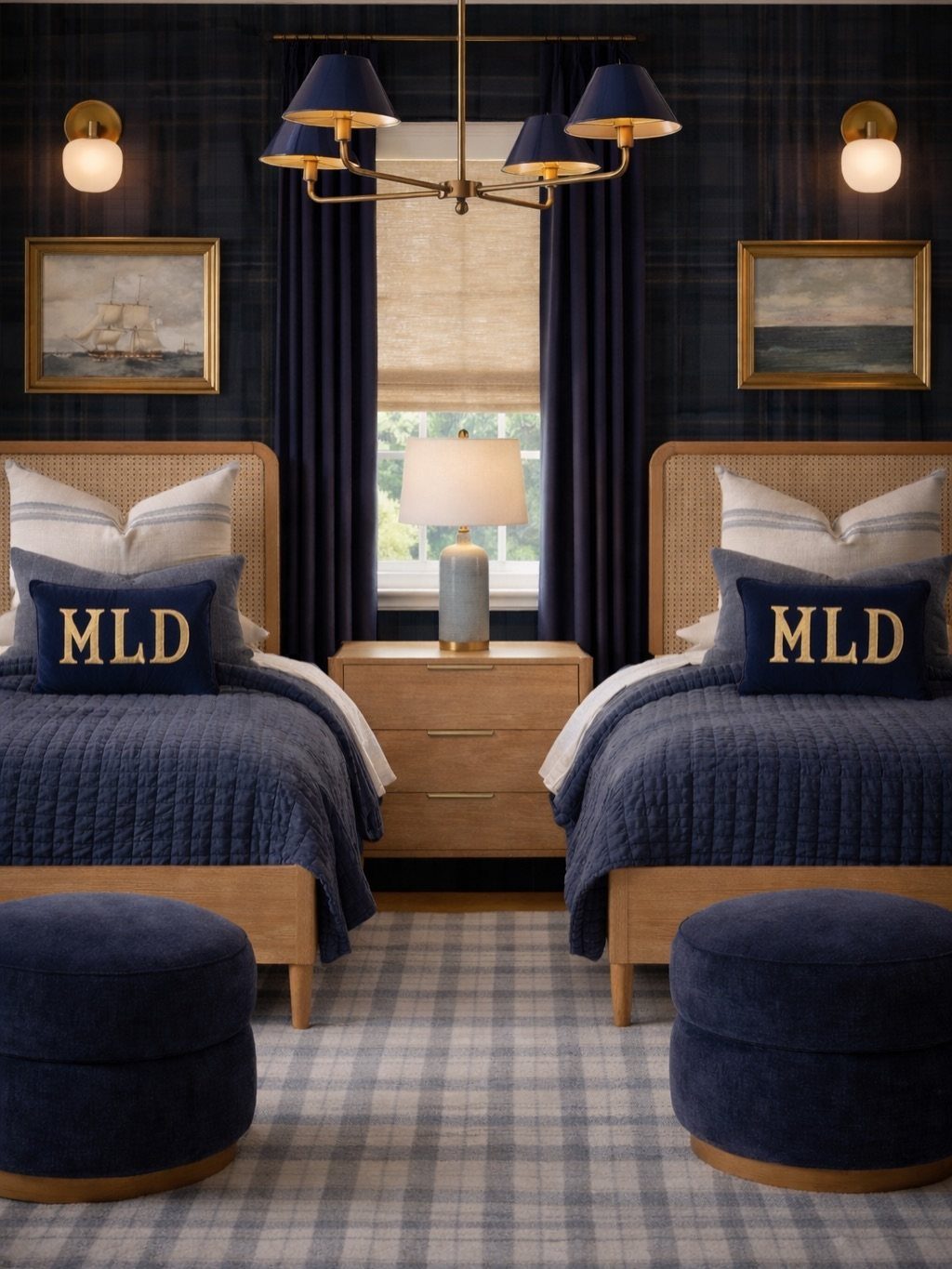Two twin beds with navy blue bedding and monogrammed pillows in a dark blue bedroom.