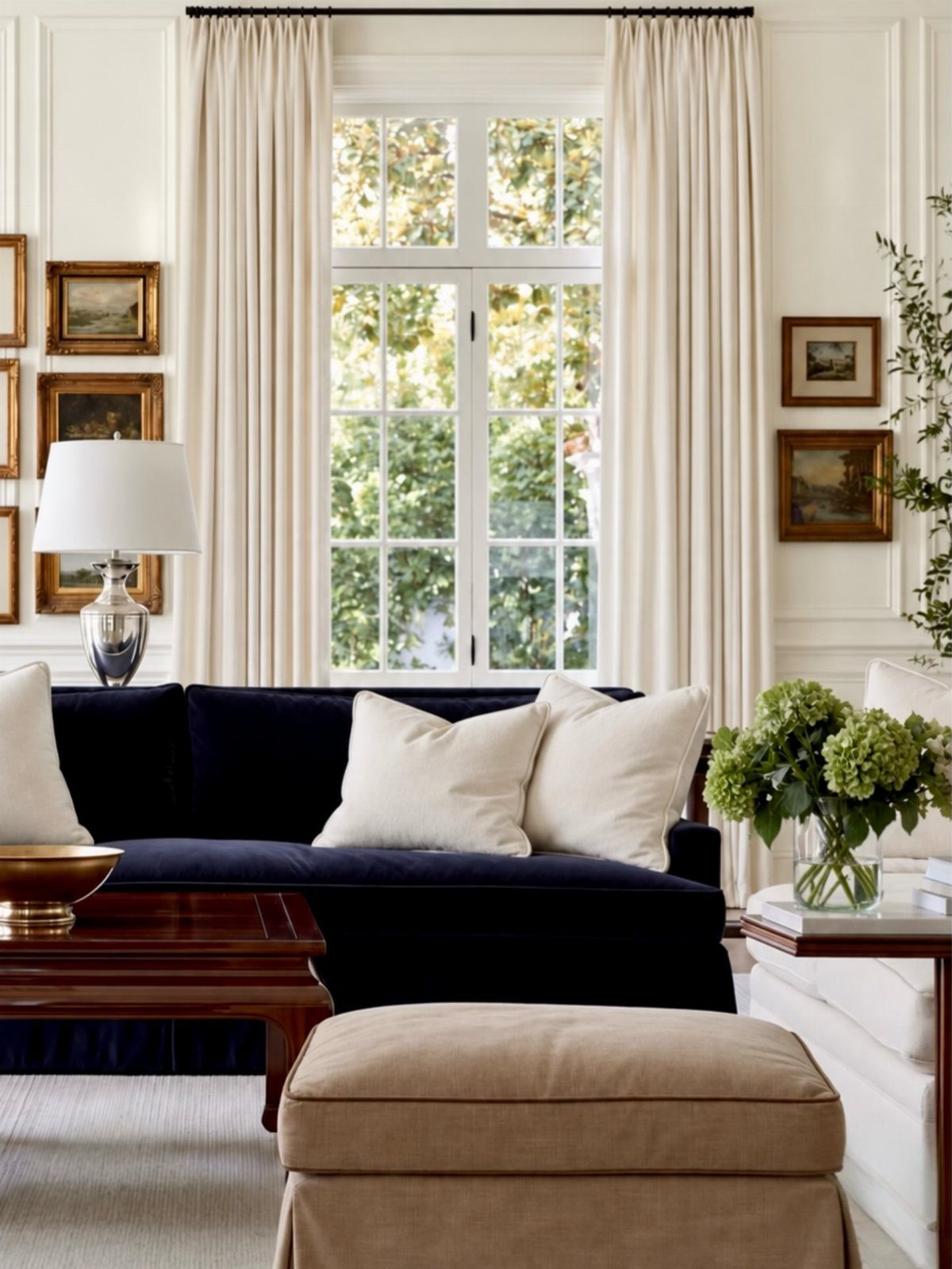 Navy blue velvet sofa positioned in a bright living room with cream curtains and greenery.