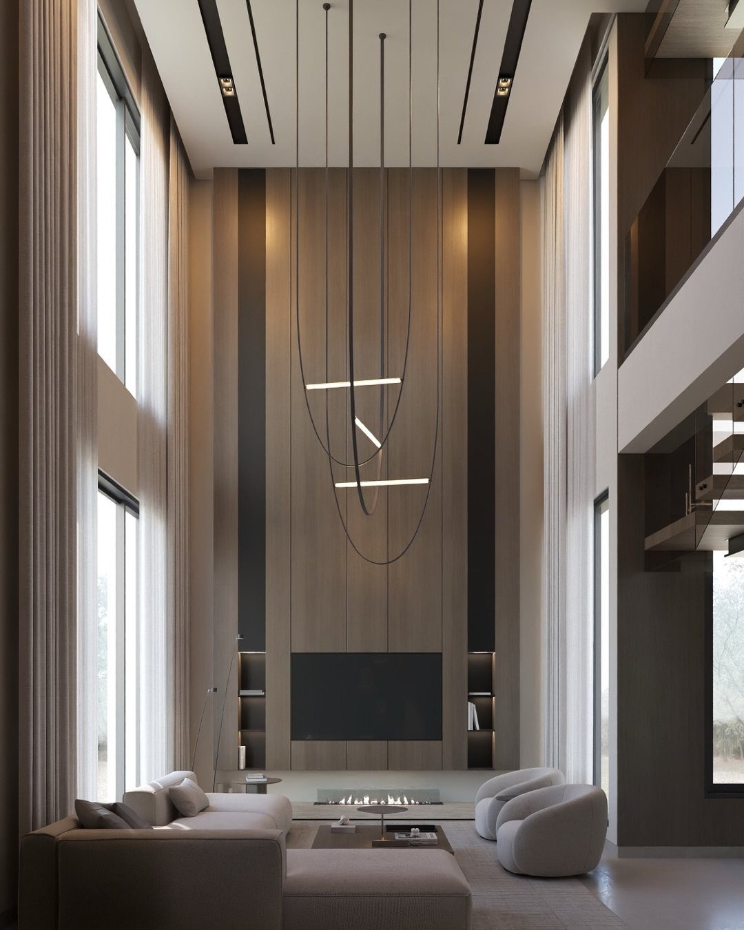Modern living room with tall wood-paneled walls, large windows, and minimalist furniture.