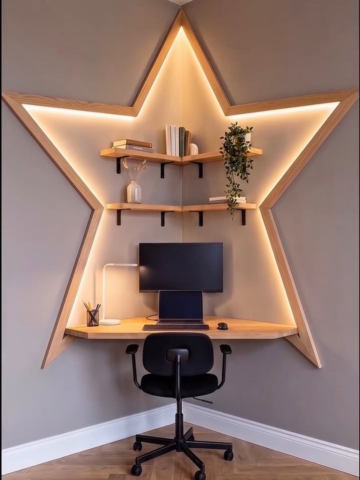 Star-shaped wooden corner desk and shelving unit with integrated warm LED lighting.