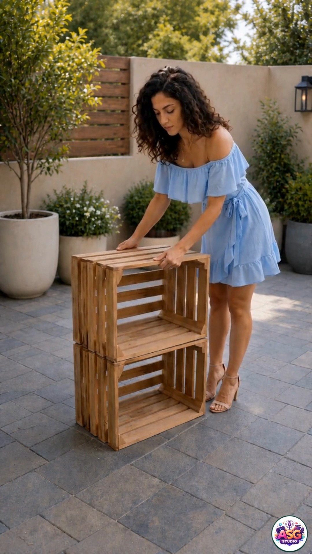 A woman adjusting two stacked wooden crates used as a rustic nightstand on a patio.