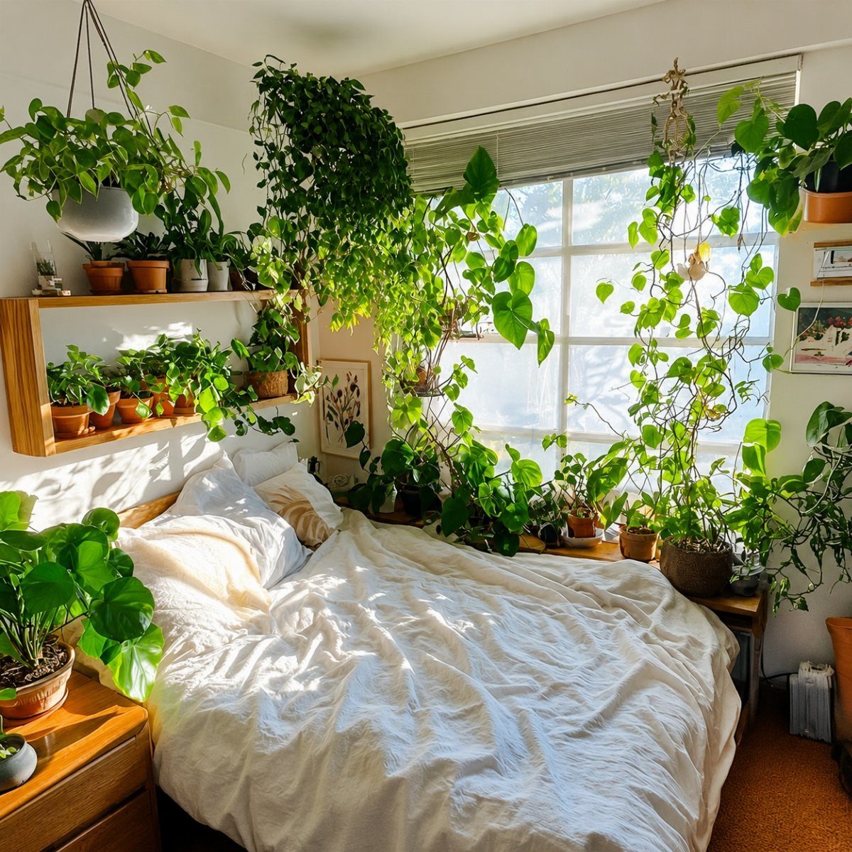 Lush green houseplants in various pots surrounding a bed with white linens near a bright window.