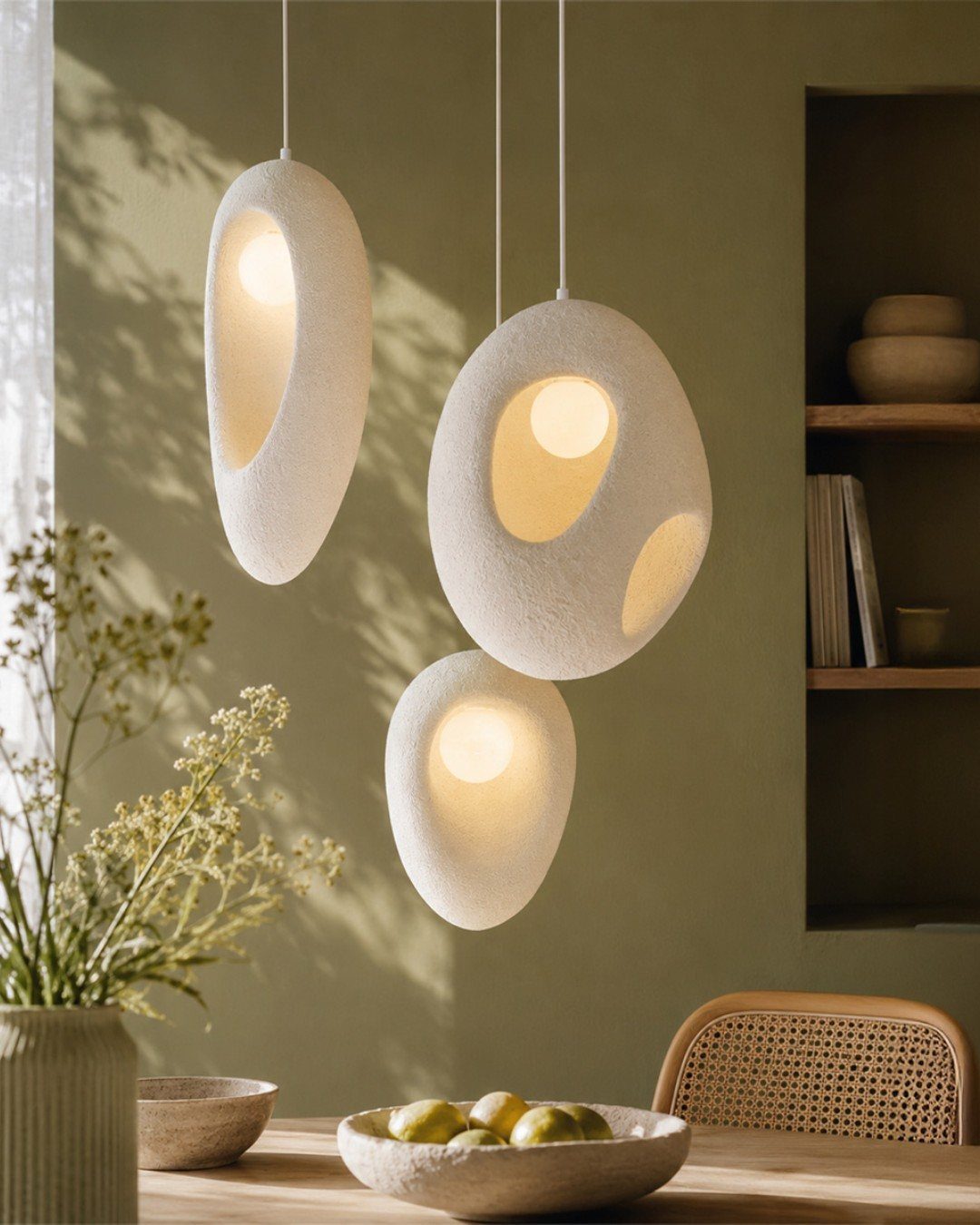 Three white pebble-shaped pendant lights hanging and glowing against a green wall.