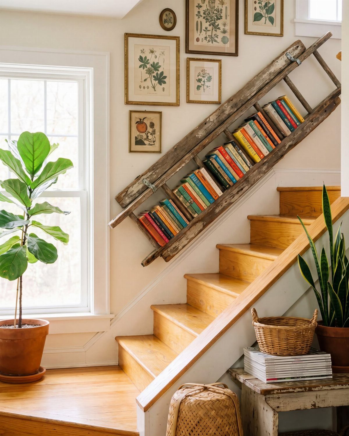 A rustic wooden ladder leaning against a wall, filled with colorful books next to stairs.