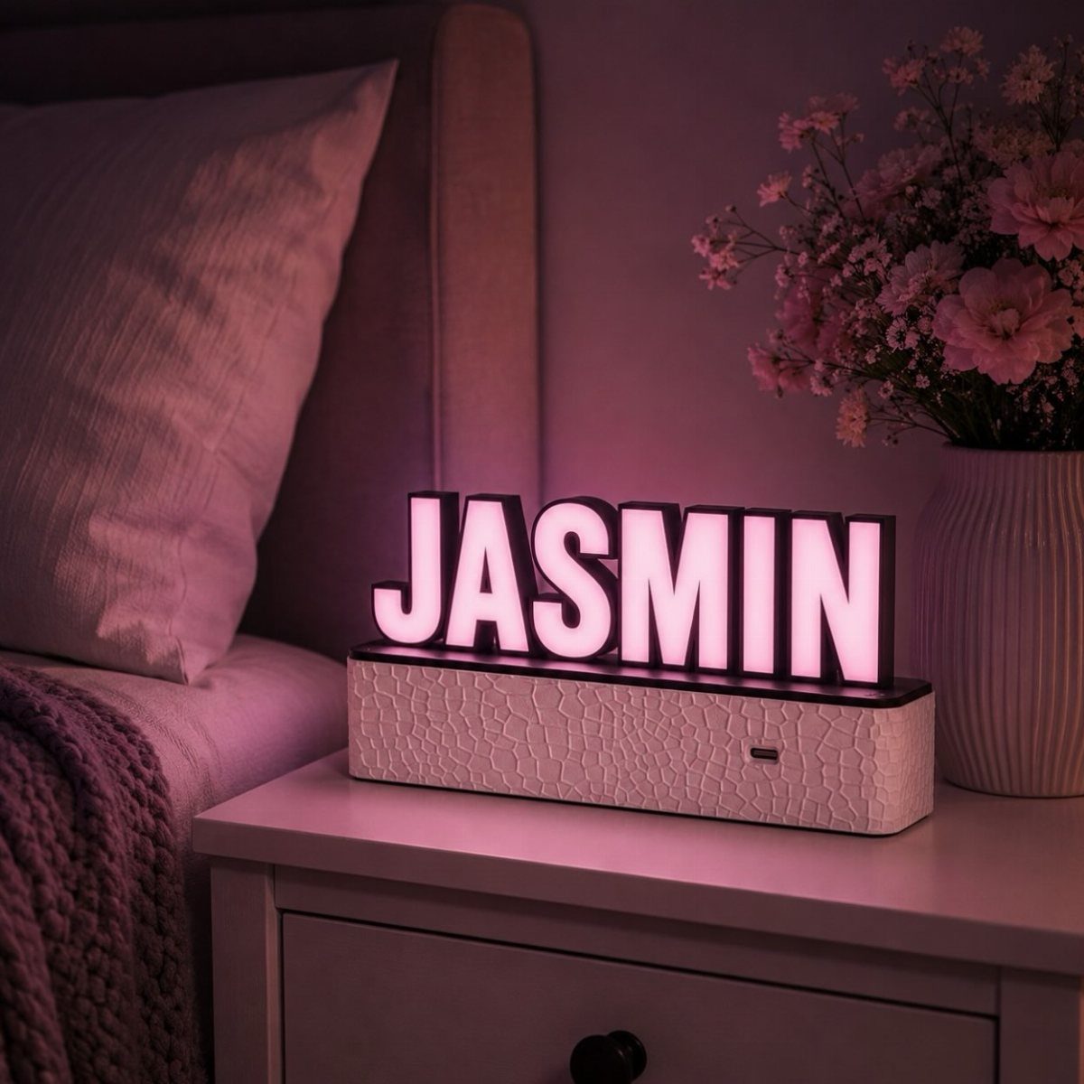 A glowing pink neon name sign sits on a white nightstand next to flowers.
