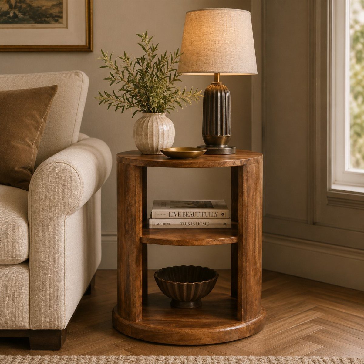 Round wooden side table with a lamp and greenery next to a cream armchair.
