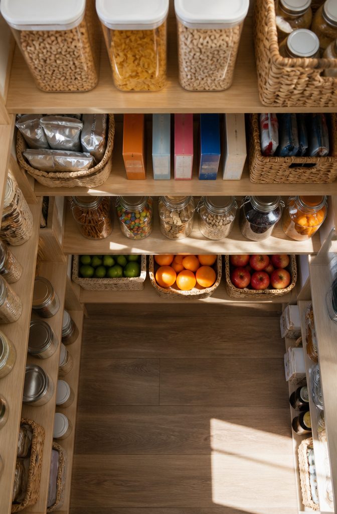 Sorted breakfast items organized in a pantry for visibility.