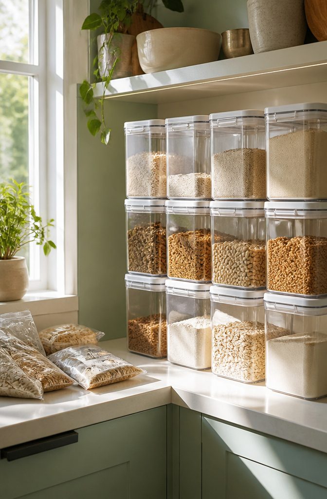 Stackable clear containers filled with flour, oats, and granola.