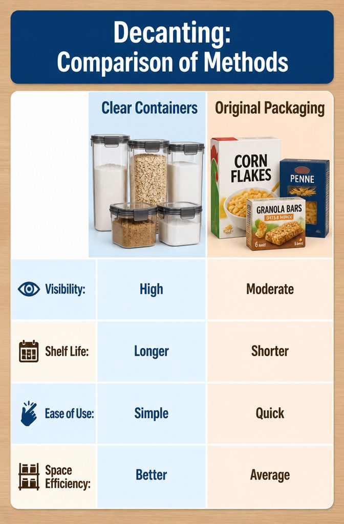 Clear containers filled with flour and sugar stacked in a pantry.