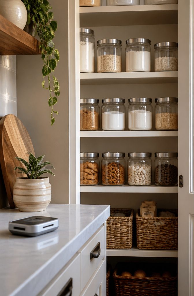 Labeled containers of baking goods arranged on a pantry shelf.
