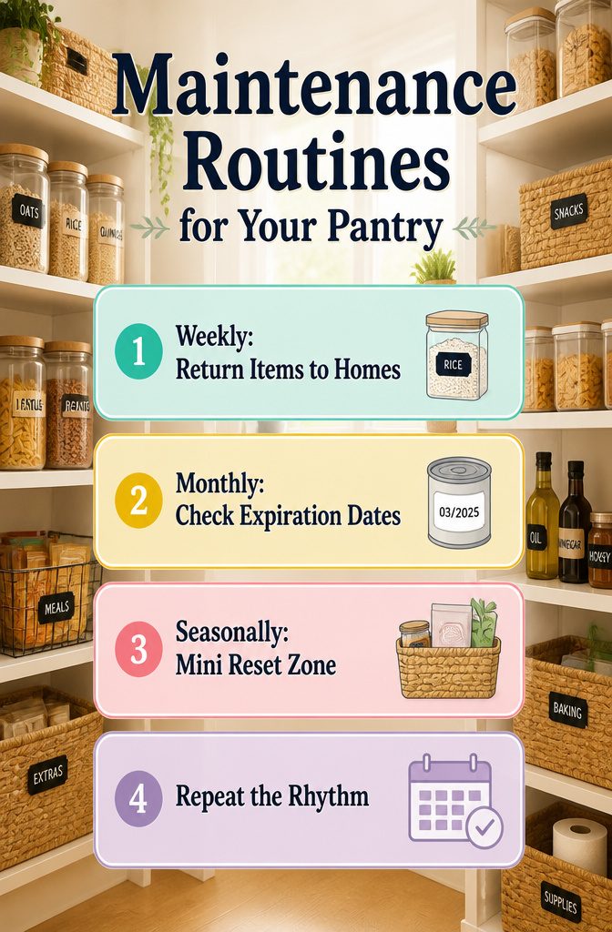 A list outlining maintenance routines for keeping a pantry organized.