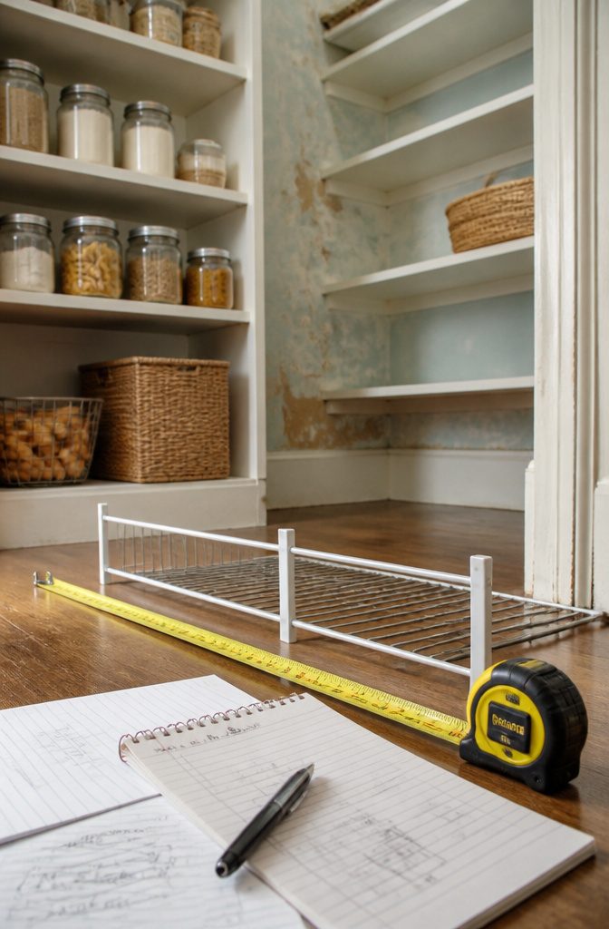 A tape measure positioned next to pantry shelves showing measurements.