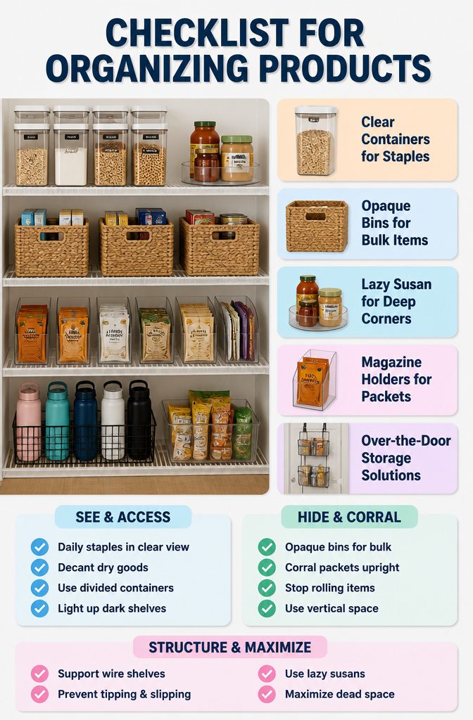 A checklist for organizing products laid out on a countertop.