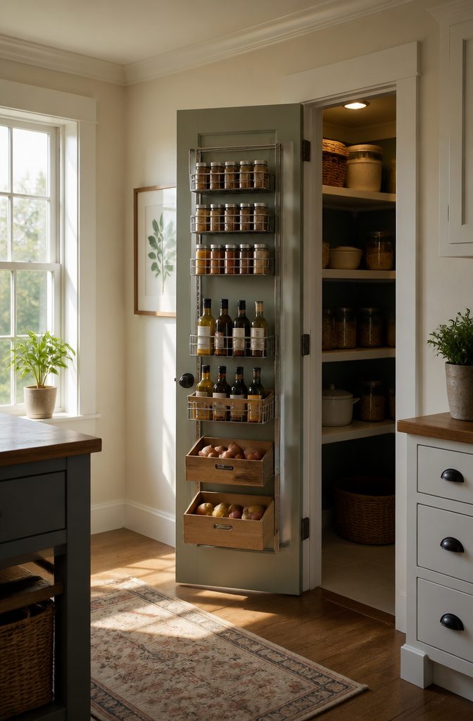 A pantry door with a wire rack storing oils and spices.