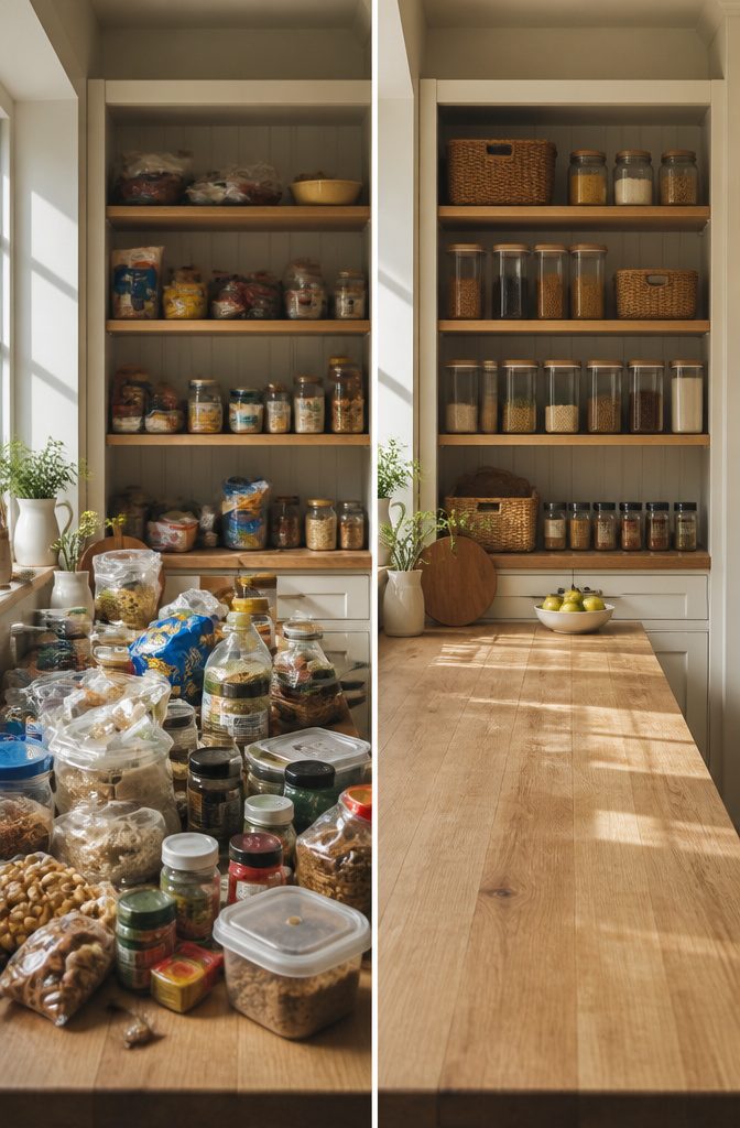 A counter filled with various food items spread out for sorting.