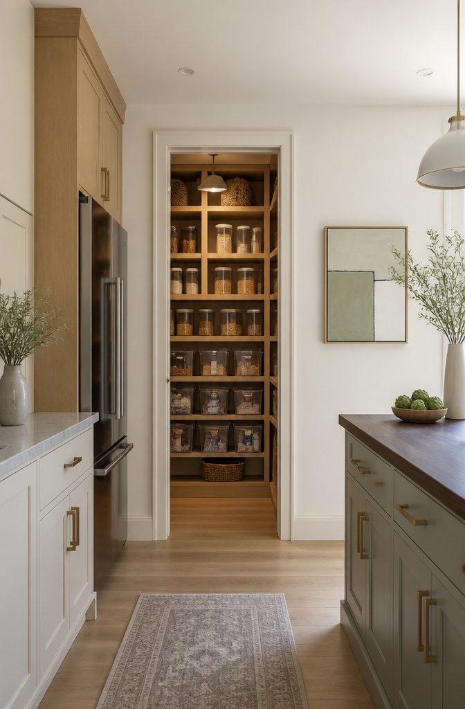 A small pantry with vertical storage and clear containers for organization.