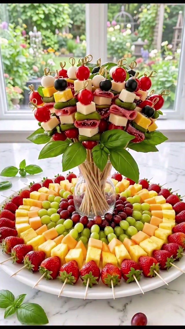 A large decorative platter with fruit rings and a central bouquet of meat and cheese skewers.