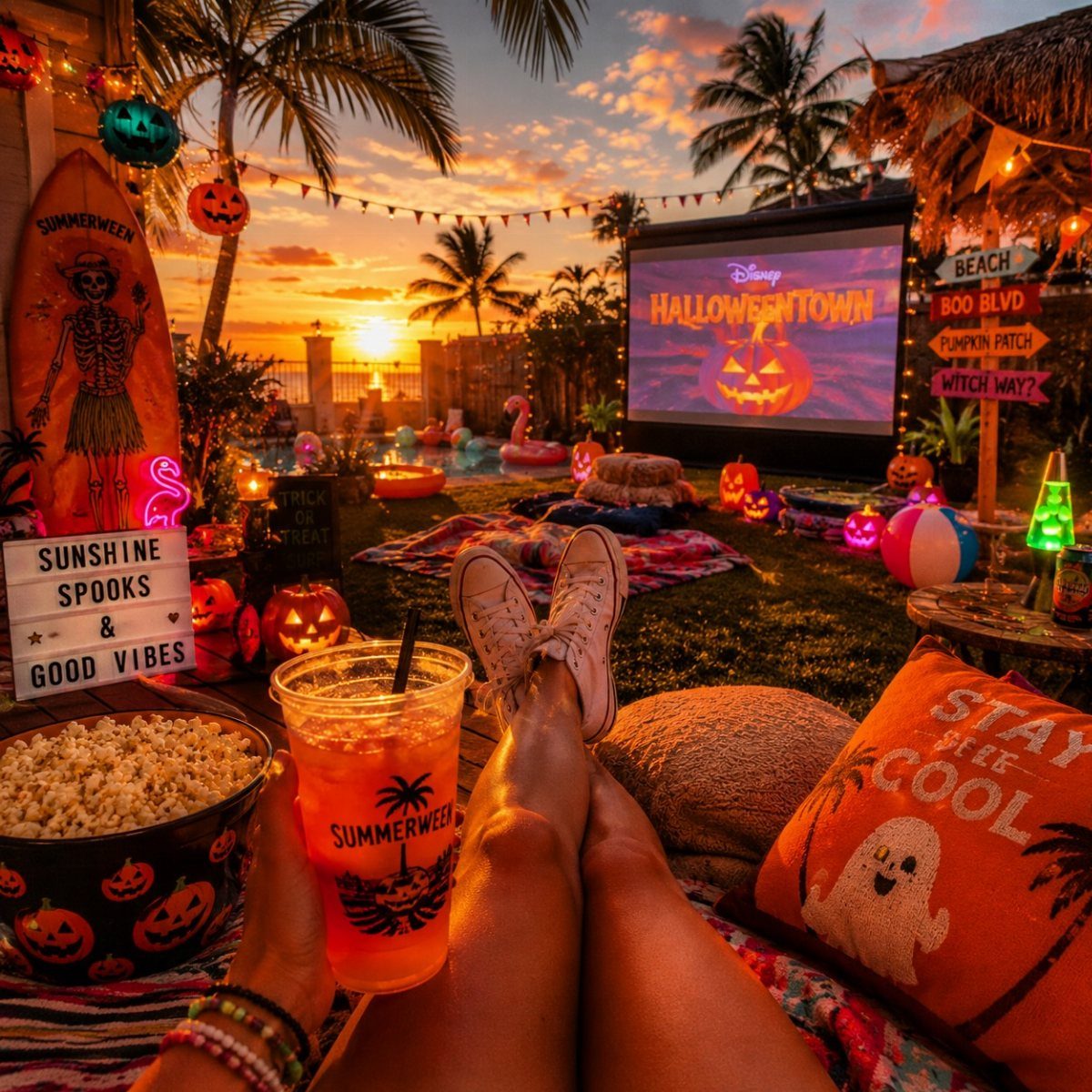 Person relaxing with popcorn and a drink while watching a movie on a screen at sunset.