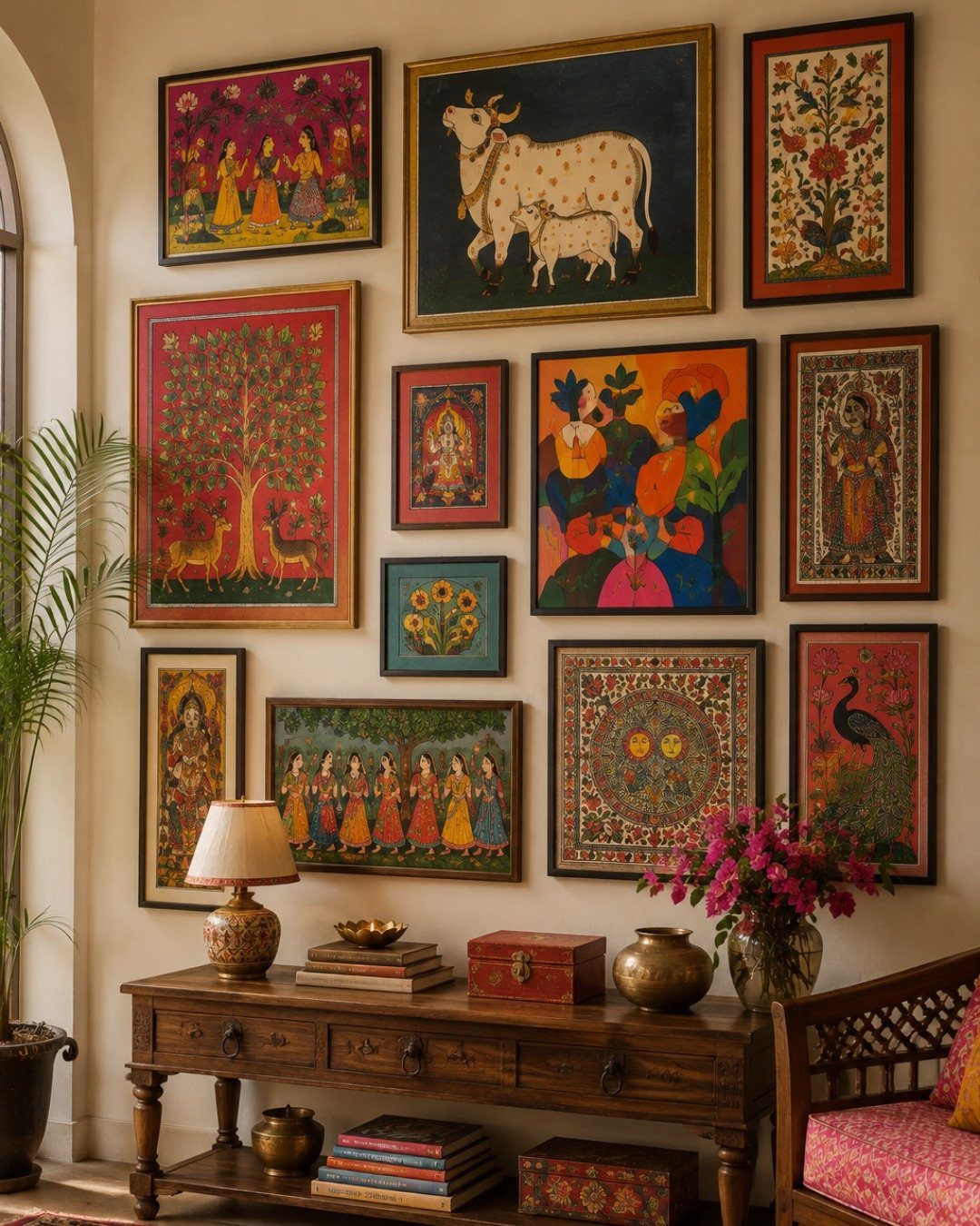 Framed colorful artworks arranged on a wall above a wooden console table with flowers.